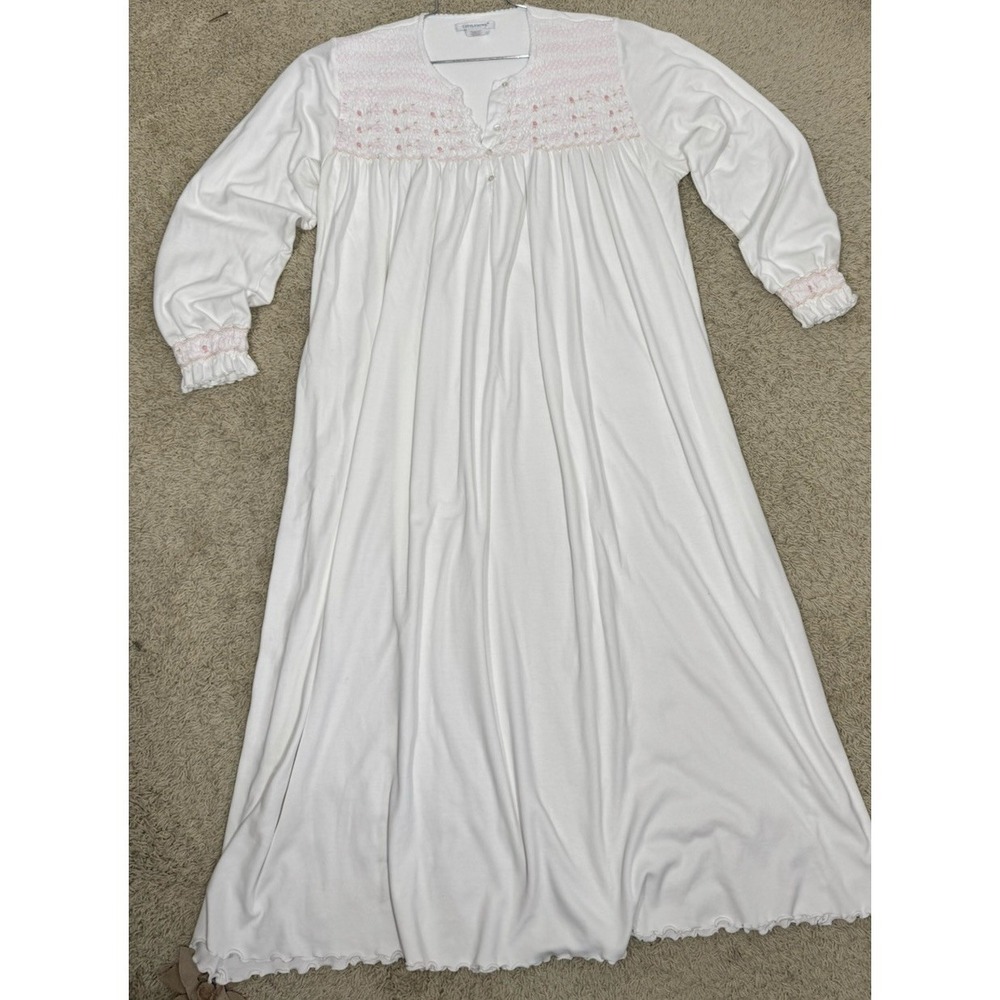 Cuddledown Isabel White Pima Cotton Hand Smocked Long Sleeve Nightgown Size XL